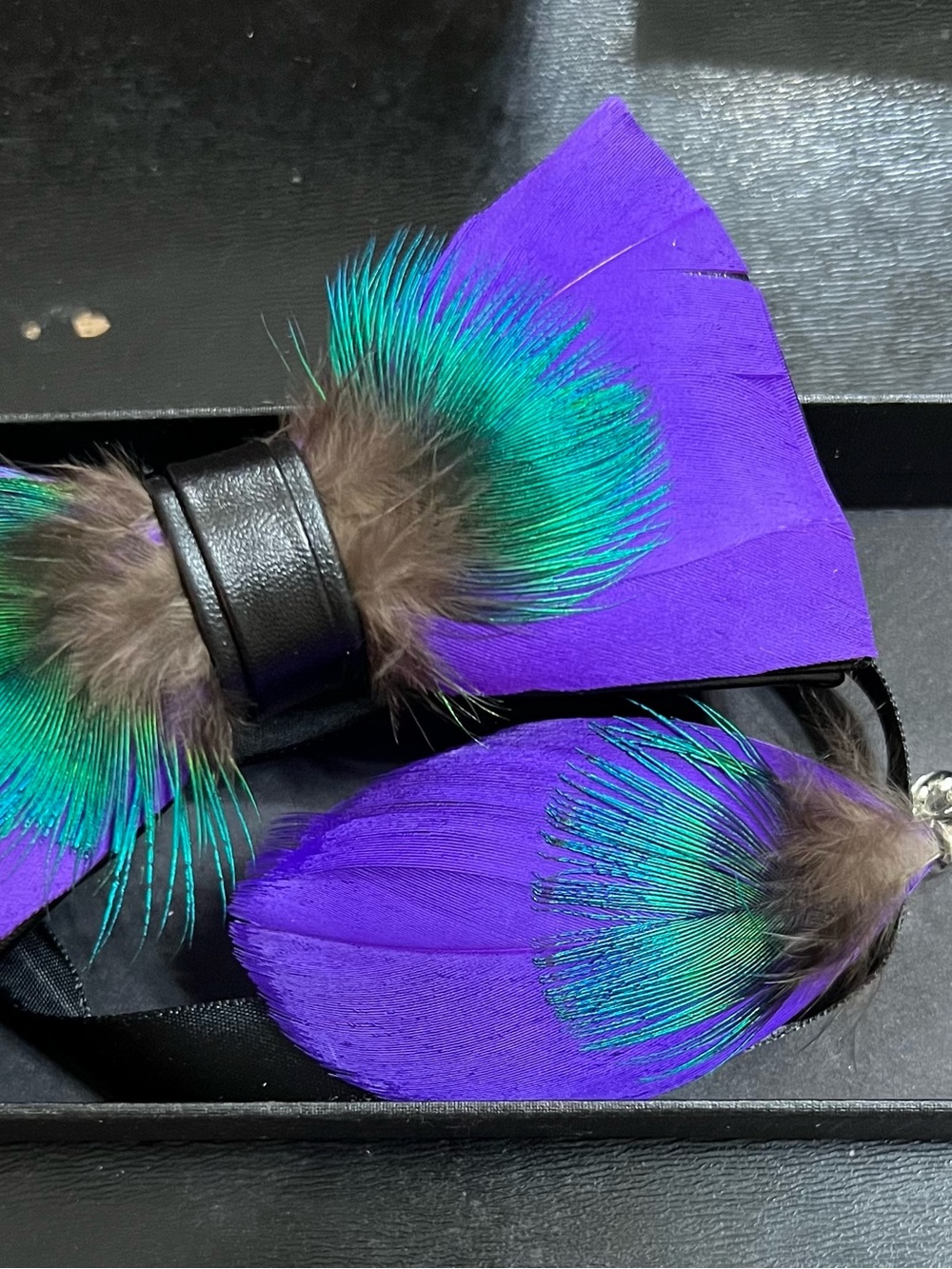 Purple & Teal Feather Bow Tie Accessory with Fur Accent